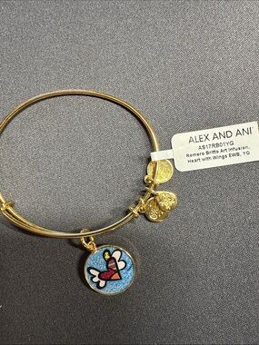 Alex and Ani Gold Bracelet with Blue Romero Britto Heart Charm